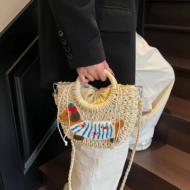 草丛喵喵喵 腊肠狗复古通勤度假风竹节百搭 草编 单肩斜挎手提包 女款 米白色/卡其色