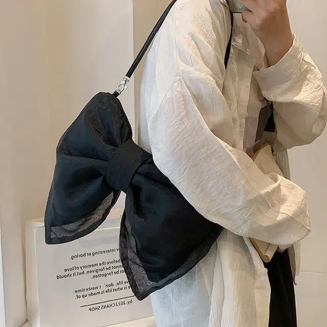 草丛喵喵喵 洋气蝴蝶结小众个性设计 时尚高级质感 甜美少女风可爱 帆布 帆布包单肩斜挎包 女款 常规 白色/黑色/绿色