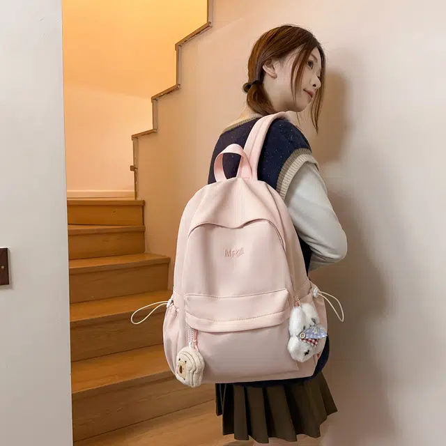 草丛喵喵喵 潮流纯色高颜值简约轻便 尼龙 双肩包 女款 米白色/黑色/粉红色/黄色/浅蓝色