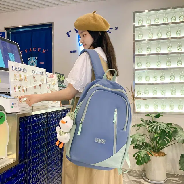 草丛喵喵喵 撞色轻便简约 尼龙 双肩包 男女同款情侣款 米白色/黑色/粉色/蓝色