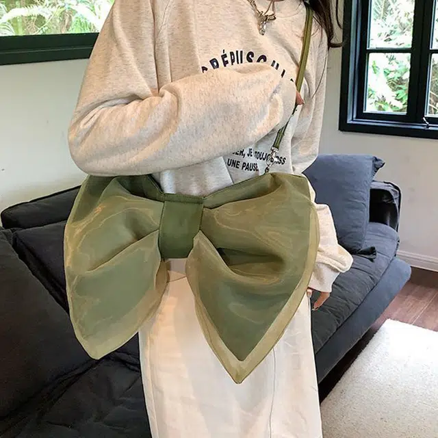 草丛喵喵喵 洋气蝴蝶结小众个性设计 时尚高级质感 甜美少女风可爱 帆布 帆布包单肩斜挎包 女款 常规 白色/黑色/绿色