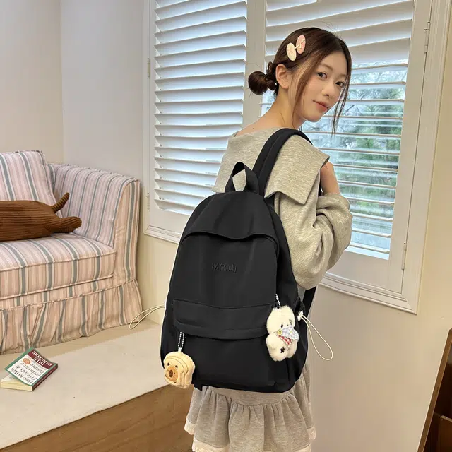 草丛喵喵喵 潮流纯色高颜值简约轻便 尼龙 双肩包 女款 米白色/黑色/粉红色/黄色/浅蓝色