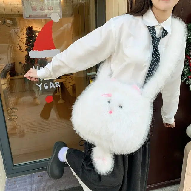 草丛喵喵喵 可爱小众设计卡通日常通勤二次元甜美 毛绒 单肩斜挎包 女款 白色