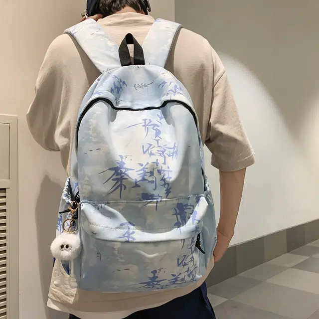 草丛喵喵喵 小众百搭时尚扎染设计大容量简约中国风小清新潮酷休闲日常通勤 尼龙 双肩包 男女同款情侣款 蓝色/白色/黑色/浅灰色