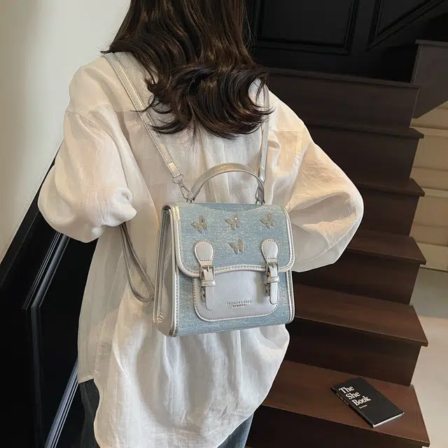 草丛喵喵喵 可爱蝴蝶结高颜值百搭潮流 牛仔布 双肩包 女款 多色
