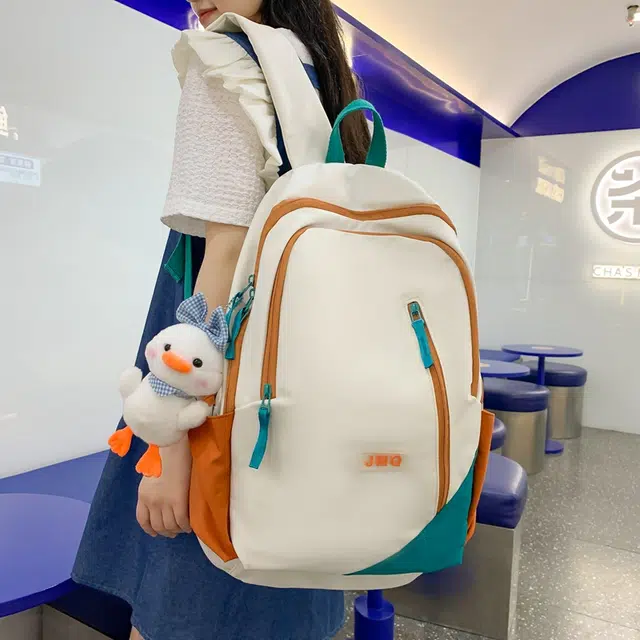 草丛喵喵喵 撞色轻便简约 尼龙 双肩包 男女同款情侣款 米白色/黑色/粉色/蓝色