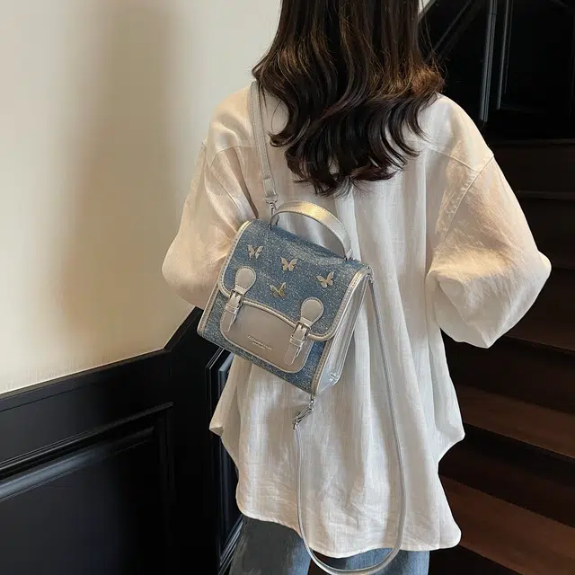 草丛喵喵喵 可爱蝴蝶结高颜值百搭潮流 牛仔布 双肩包 女款 多色
