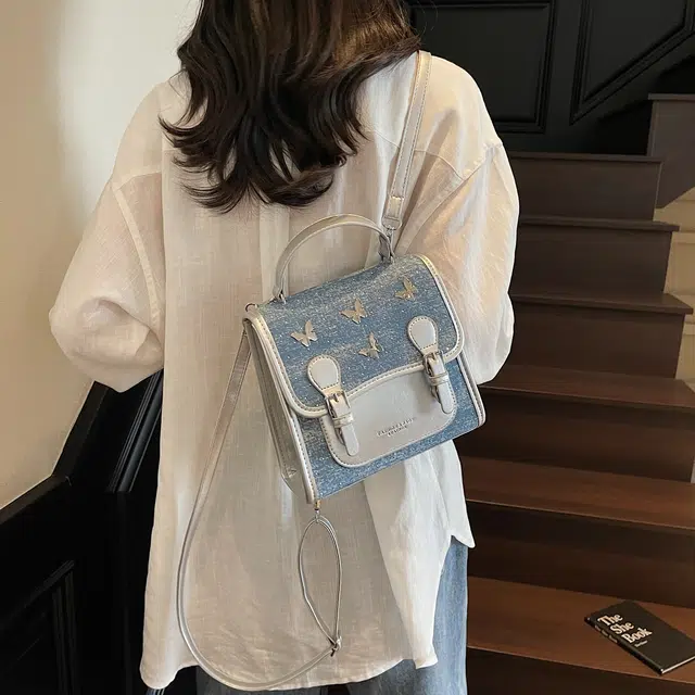 草丛喵喵喵 可爱蝴蝶结高颜值百搭潮流 牛仔布 双肩包 女款 多色