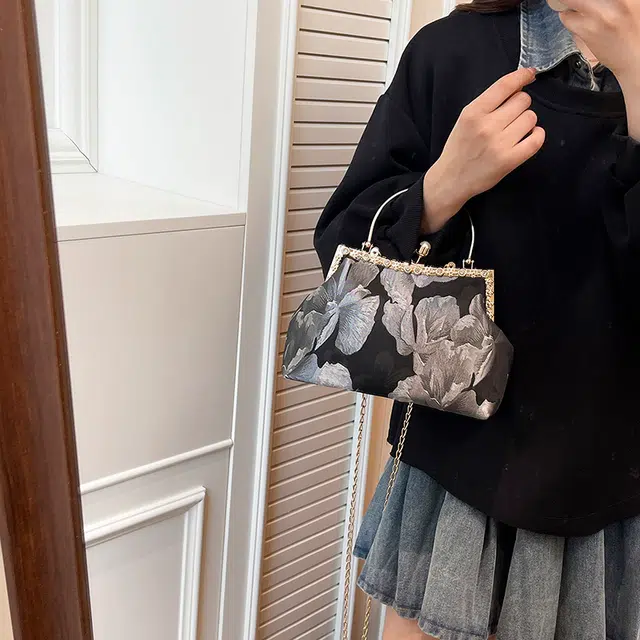 草丛喵喵喵 中国风旗袍百搭不布艺汉服 布料 单肩手提包 女款 银色/金色