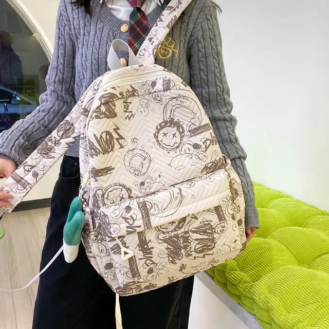 草丛喵喵喵 涂鸦漫画潮酷时尚潮流初高中生出行通勤大容量 尼龙 双肩包 常规 男女同款情侣款 黑配白/白配黑/白配棕/黑配蓝/蓝配白