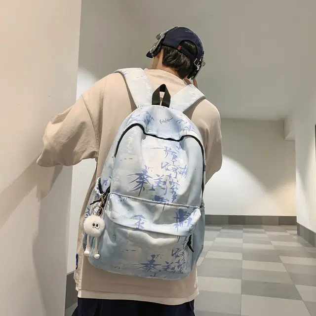 草丛喵喵喵 小众百搭时尚扎染设计大容量简约中国风小清新潮酷休闲日常通勤 尼龙 双肩包 男女同款情侣款 蓝色/白色/黑色/浅灰色
