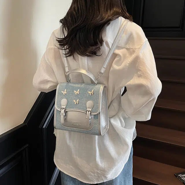 草丛喵喵喵 可爱蝴蝶结高颜值百搭潮流 牛仔布 双肩包 女款 多色