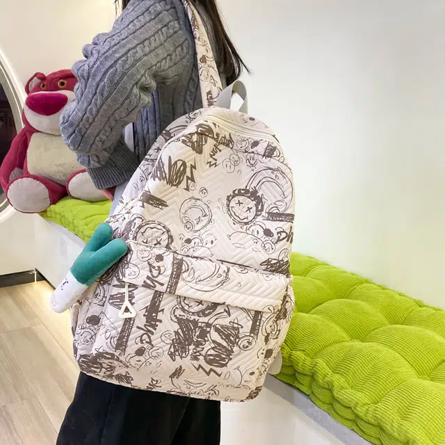 草丛喵喵喵 涂鸦漫画潮酷时尚潮流初高中生出行通勤大容量 尼龙 双肩包 常规 男女同款情侣款 黑配白/白配黑/白配棕/黑配蓝/蓝配白