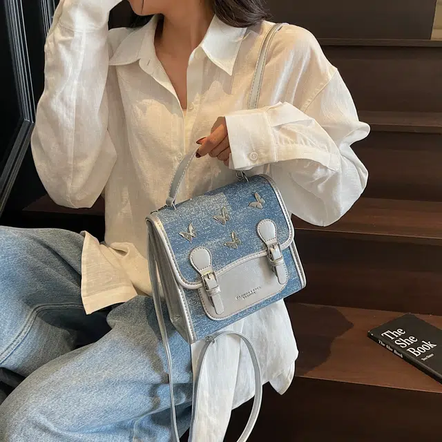 草丛喵喵喵 可爱蝴蝶结高颜值百搭潮流 牛仔布 双肩包 女款 多色