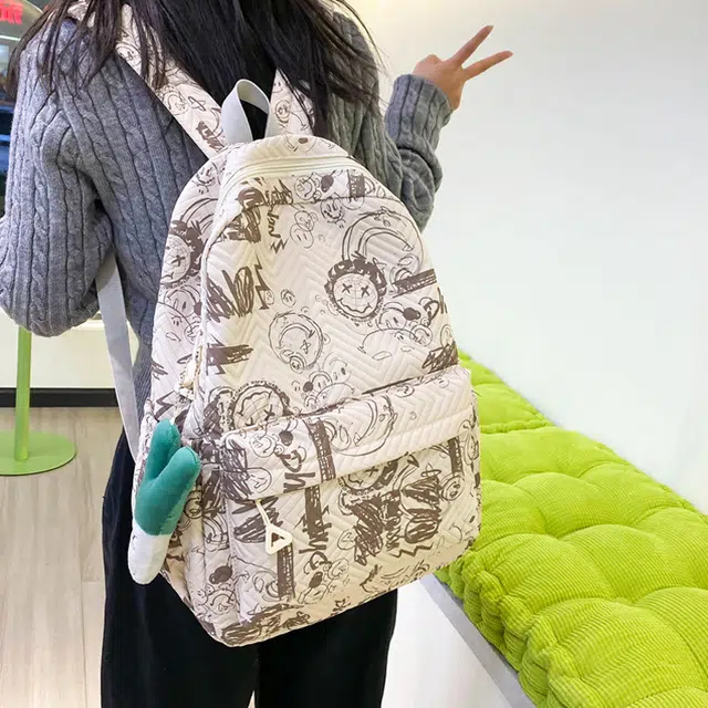 草丛喵喵喵 涂鸦漫画潮酷时尚潮流初高中生出行通勤大容量 尼龙 双肩包 常规 男女同款情侣款 黑配白/白配黑/白配棕/黑配蓝/蓝配白