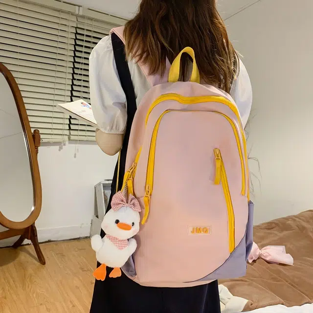 草丛喵喵喵 撞色轻便简约 尼龙 双肩包 男女同款情侣款 米白色/黑色/粉色/蓝色