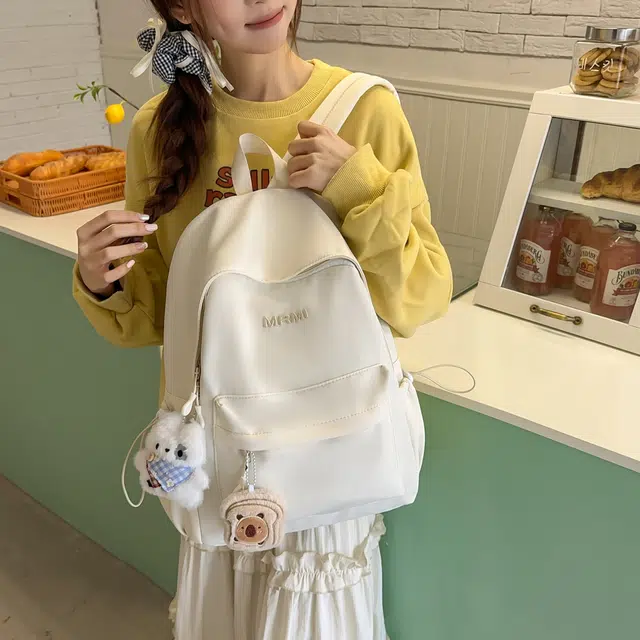 草丛喵喵喵 潮流纯色高颜值简约轻便 尼龙 双肩包 女款 米白色/黑色/粉红色/黄色/浅蓝色