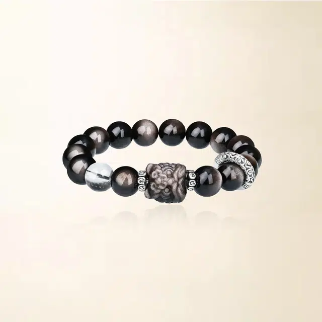 重庆金店 祥云醒狮 跑环 八方来财平安吉祥水逆退散运旺事业运 时尚 黑曜石 手串 男女同款情侣款