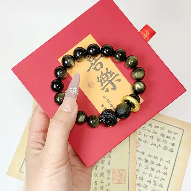 【赠暴富手机贴】 重庆金店 新中式国潮 醒狮金曜珠串 招财纳福 瑞狮呈祥 本命年好运文玩盘玩#好运 黑曜石 玉石手串 男女同款情侣款