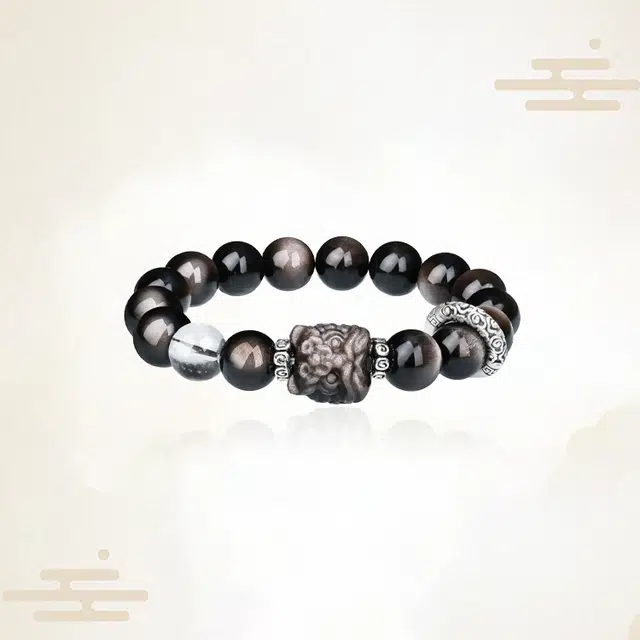 重庆金店 祥云醒狮 跑环 八方来财平安吉祥水逆退散运旺事业运 时尚 黑曜石 手串 男女同款情侣款