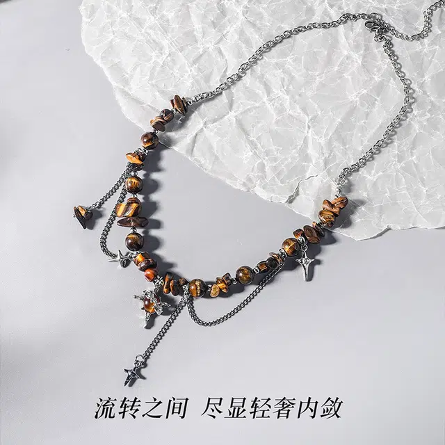 沙漠孤星转运锁骨链 永恒旋律 潮流小众简约十字星设计 个性时尚复古潮酷清冷氛围感 精美礼盒 可调节新中式好运 虎眼石 玉石项链 男款