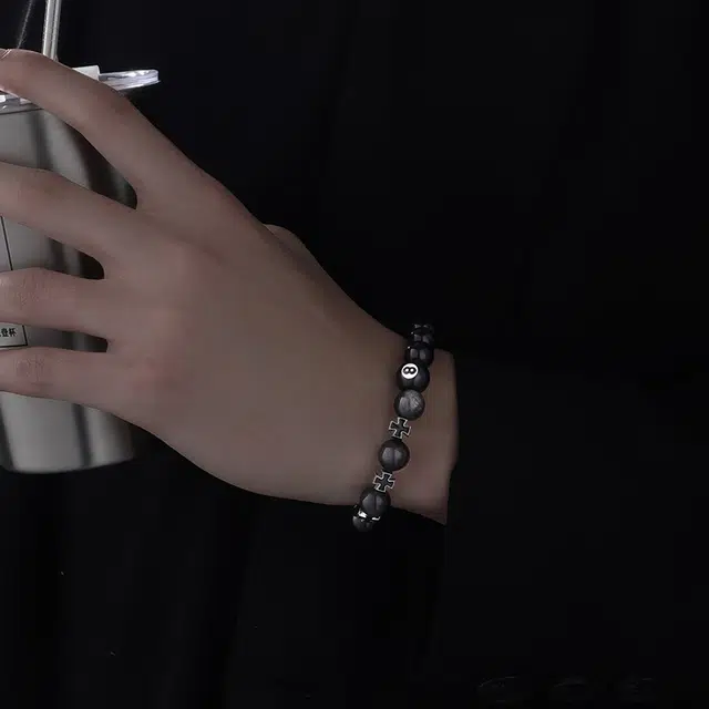 永恒旋律 黑八造型 简约小众设计精致潮流高级感 轻奢百搭大气简约潮酷痞帅风 黑曜石 手串 男款 黑色 对象兄弟礼盒装