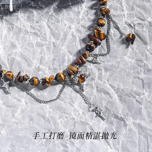 沙漠孤星转运锁骨链 永恒旋律 潮流小众简约十字星设计 个性时尚复古潮酷清冷氛围感 精美礼盒 可调节新中式好运 虎眼石 玉石项链 男款