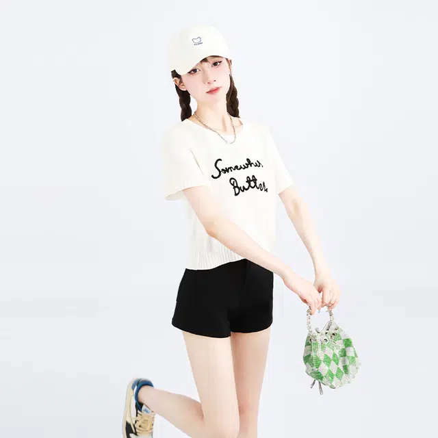 花蔓色 黑色紧身高腰显瘦包臀弹力超短牛仔热裤 女款