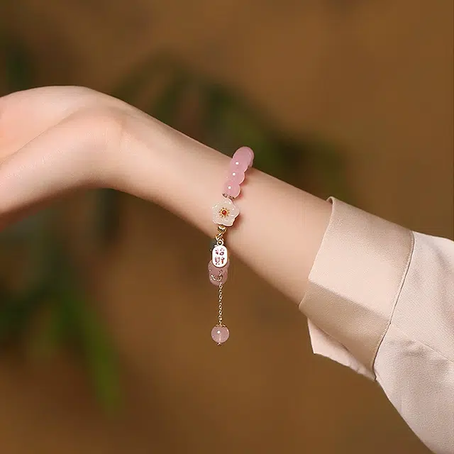 【可代写贺卡】 柯芙尼 新中式甜美桃花 国风轻奢优雅时尚百搭 弹力可调节 水晶 玉石手链 女款 女朋友 生日纪念日 礼品