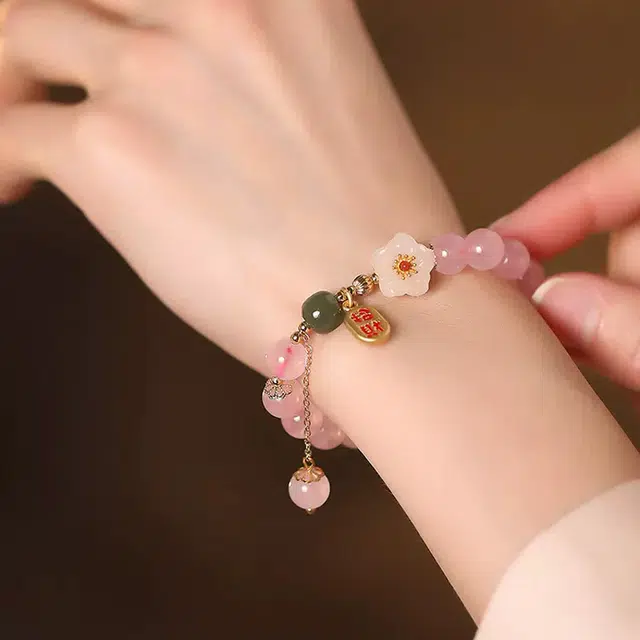【可代写贺卡】 柯芙尼 新中式甜美桃花 国风轻奢优雅时尚百搭 弹力可调节 水晶 玉石手链 女款 女朋友 生日纪念日 礼品