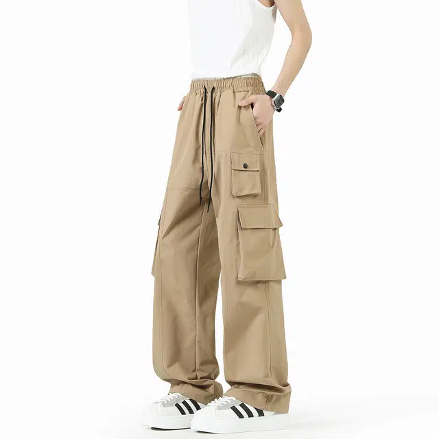 贵人鸟 城市机能系列 美式工装多口袋简约纯色品牌皮标直筒阔腿休闲裤 男女同款