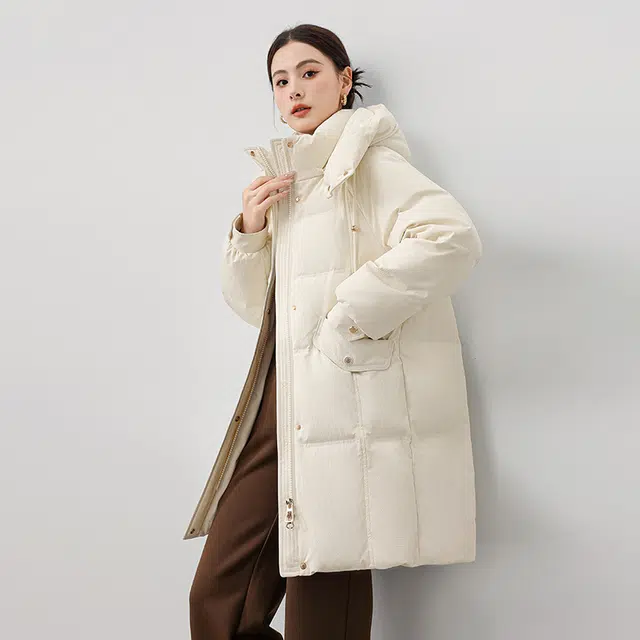 雅鹿 纯色时尚通勤中长款拆卸连帽加厚保暖羽绒服 女款