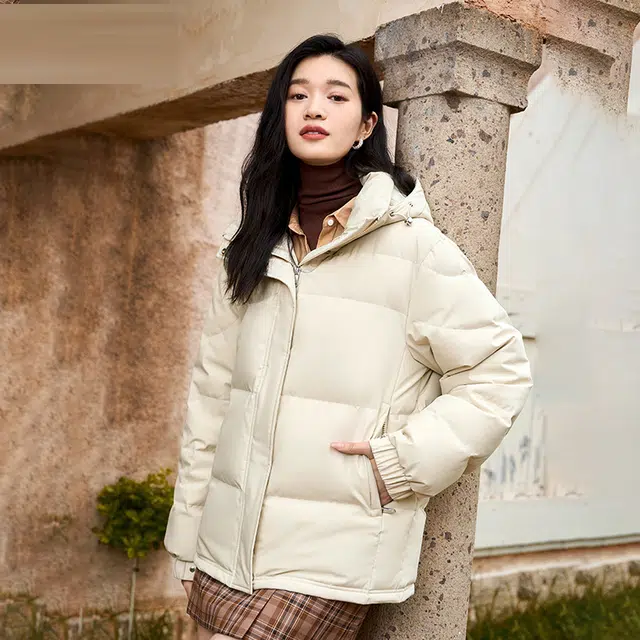 雅鹿 短款可拆卸连帽保暖纯色羽绒服 女款