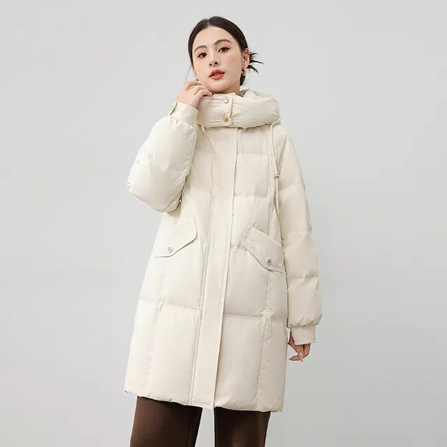 雅鹿 纯色时尚通勤中长款拆卸连帽加厚保暖羽绒服 女款