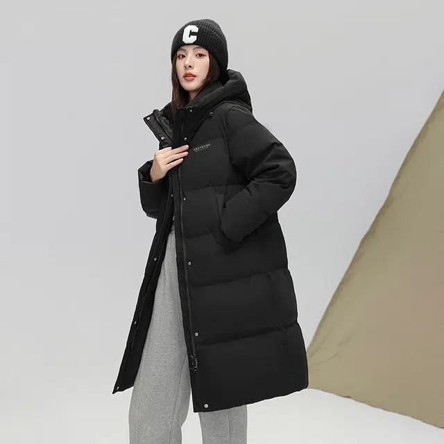 雅鹿 拉链纯色连帽中长款保暖羽绒服 女款