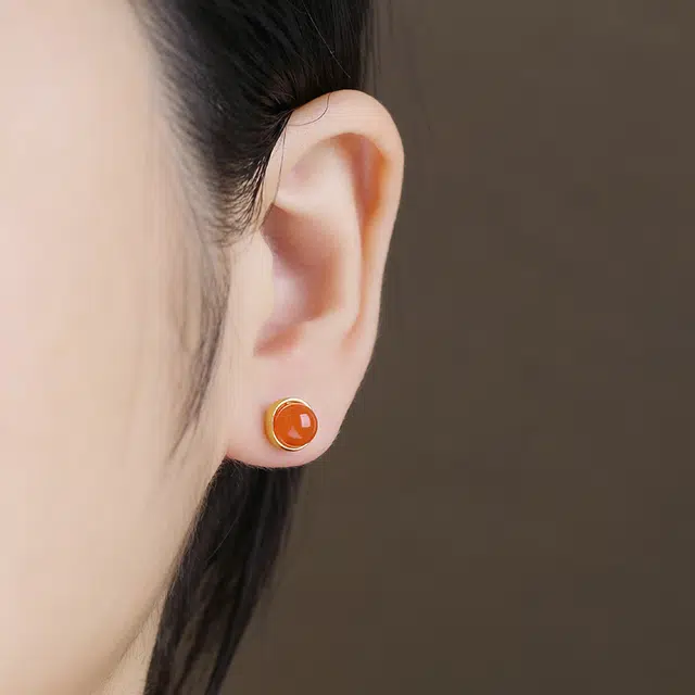 宋太太 圆满新中式复古简约银耳饰百搭转运天然 玛瑙 耳钉 女款