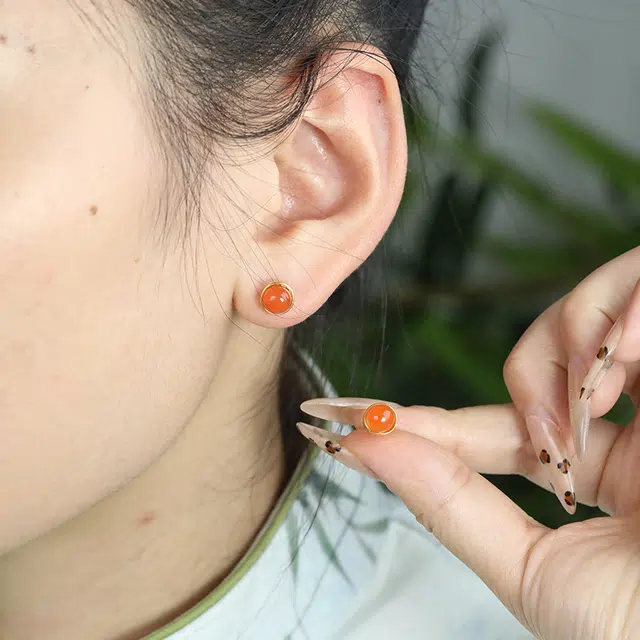 宋太太 圆满新中式复古简约银耳饰百搭转运天然 玛瑙 耳钉 女款