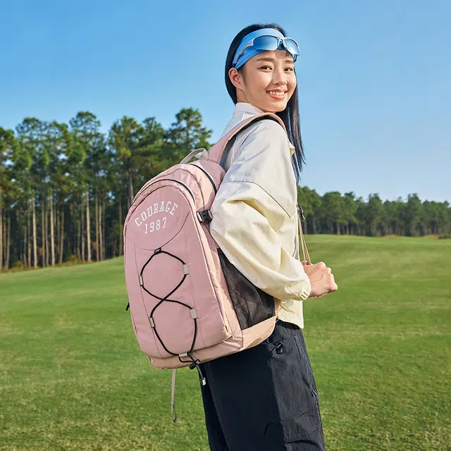 特步 纯色运动时尚休闲 织物 书包背包双肩包 男女同款情侣款 灰粉