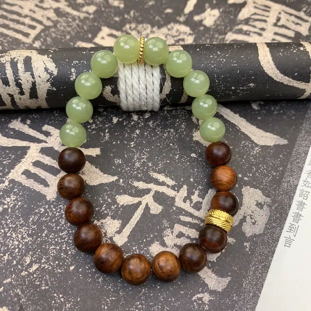 仙沐坊 新中式国风黄花梨 搭配连年有羽 时来运转 和田玉 手串 男女同款情侣款 青玉