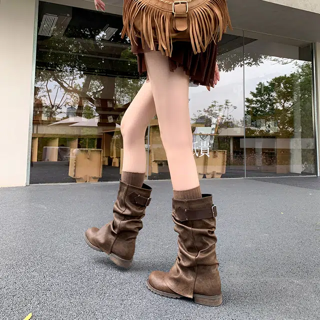 蓉城鞋王 牛皮 复古褶皱皮带扣 圆头内增高 短靴 女款
