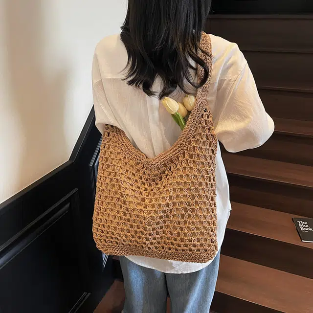 意酷 时尚百搭海边沙滩 草编 托特包手提单肩包 女款 卡其色