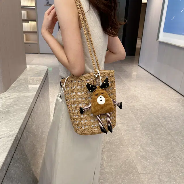 意酷 手工编包包女沙滩包百搭 编织 单肩包 女款 卡其/白色