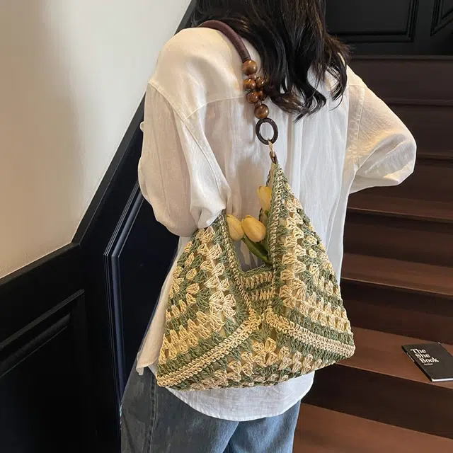 意酷 田园风编织夏季海边旅游拼色时尚百搭 草编 单肩包 常规 女款 多色