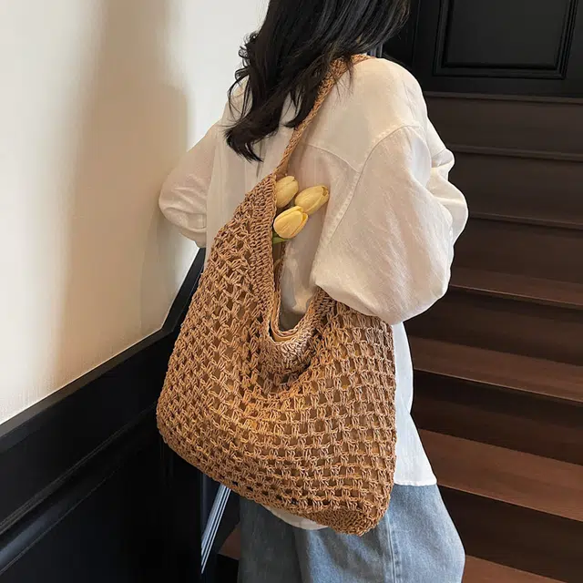意酷 时尚百搭海边沙滩 草编 托特包手提单肩包 女款 卡其色