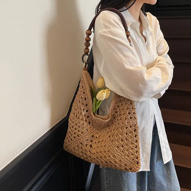 意酷 田园风编织夏季海边旅游拼色时尚百搭 草编 单肩包 常规 女款 多色