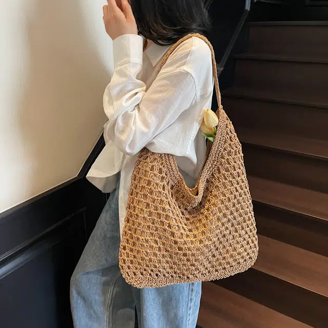 意酷 时尚百搭海边沙滩 草编 托特包手提单肩包 女款 卡其色