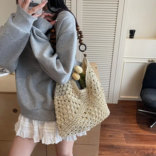 意酷 田园风编织夏季海边旅游拼色时尚百搭 草编 单肩包 常规 女款 多色