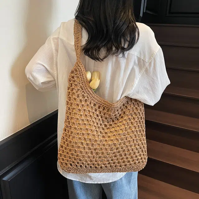 意酷 时尚百搭海边沙滩 草编 托特包手提单肩包 女款 卡其色