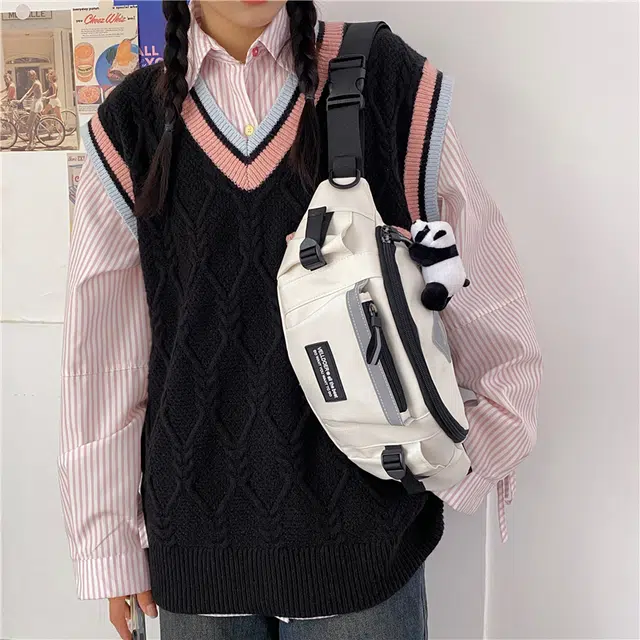 芭菲尼 小众设计日系原宿工装风大容量百搭 尼龙 胸包 常规 男女同款情侣款 白色/灰色/黑色