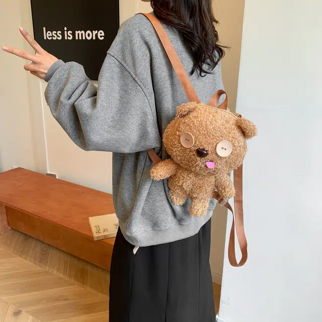 芭菲尼 个性时尚可爱卡通熊公仔百搭 毛绒 双肩包 大号 女款 卡其色